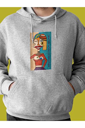 Postmodern Sanat Baskılı Tasarım 2 Iplik Şardonlu Gri Hoodie Sweatshirt