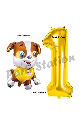 Paw Patrol inşaat Köpek Rubble 1 Yaş Balon ve Gold Rakam Balon Doğum Günü Parti Set
