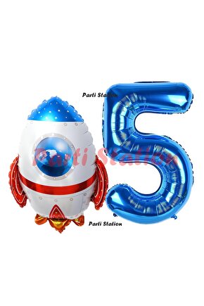 Uzay Konsept Roket Balon 5 Yaş Doğum Günü Set Uzay Konsept Balon ve Lacivert Rakam Balon