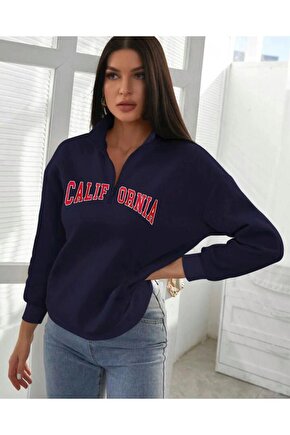 Kadın Lacivert Yarım Fermuarlı California Baskılı Dik Yaka Sweatshirt