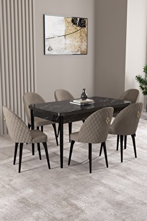 Lima Siyah Mermer Desen 70x114 Mdf Açılabilir Mutfak Masası Takımı 6 Adet Sandalye