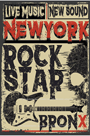 New York Canlı Müzik Rock Gitar Ev Dekorasyon Tablo Retro Ahşap Poster