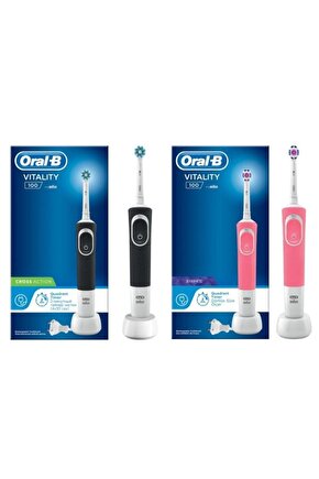 Vitality Siyah D100 Cross Action Elektrikli Diş Fırçası (box)+pembe D100 3d White Diş Fırçası
