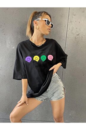 Oversize Unisex Siyah Emoji Tshirt