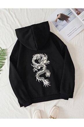 Kapşonlu Oversize Beyaz Dragon Baskılı Siyah Sweatshirt