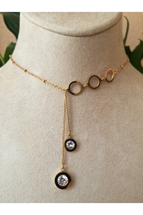 Yuvarlak Tasarim Ince Gold Zincirli Cifte Salinti Kaliteli Paslanmaz Celik Kolye Stainless Stell