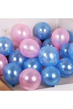 20 Adet Metalik Mavi - Pembe Balon, Helyumla Uçan 12inç (2li Renk Seti)