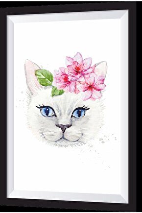 Çiçekli Kedi Sanatsal Çerçeve Görünümlü Ahşap Tablo