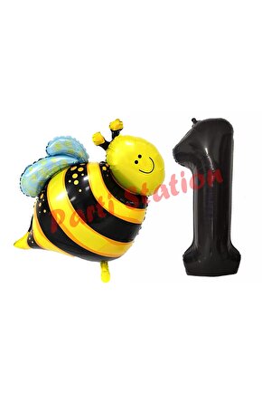 Bee Arı Konsept 1 Yaş Balon Set Arı Balon ve Siyah Rakam Balon Doğum Günü Balon Set