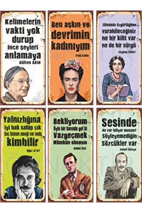 Gülten Akın, Virginia. Woolf, Oğuz Atay, Orhan Veli, Cemal Süreya 6lı Mini Ahşap Poster Seti