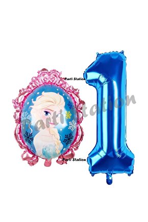 Frozen Balon 1 Yaş Doğum Günü Set Karlar Ülkesi Konsept Balon ve Lacivert Rakam Balon Doğum Günü Set