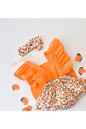 Kız Bebek Portakal Desen Poplin Fırfır Salopet Bandana Set
