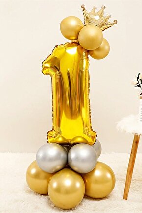 Gold Renk 1 Yaş Krom Gold Gümüş Renkler Altın Taçlı Balon Seti