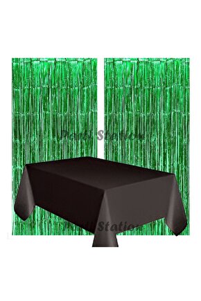 2 Adet Yeşil Renk Metalize Arka Fon Perdesi ve 1 Adet Plastik Siyah Renk Masa Örtüsü Set