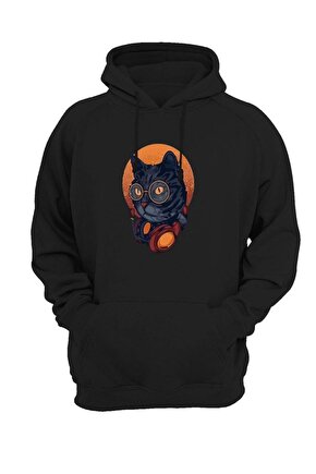 Kapşonlu Unisex Oversize Dj Kedi Baskılı Sweatshirt Hoodie