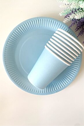 Pastel Macaron Kağıt Tabak Bardak Seti 8 Adet Mavi Renk