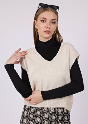 Kadın V Yaka Basic Süveter - Taş