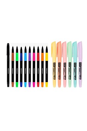 6lı Pastel Fosforlu Kalem + Pensan 10 Renk Tükenmez Kalem Seti