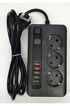 2 Metre Akım Korumalı 3 Lü Priz 5 Usb Çoklu Şarj Aleti 24 Saat Zaman Ayarlı 5 Port