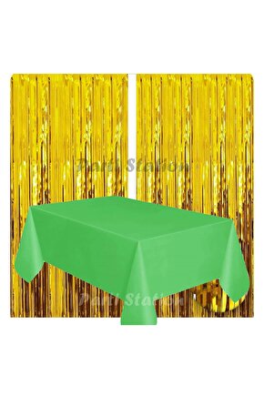 2 Adet Altın Gold Renk Metalize Arka Fon Perdesi ve 1 Adet Plastik Yeşil Renk Masa Örtüsü Set