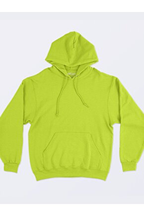 Düz Renk Baskısız 3 Iplik Kalın Neon Sarı Hoodie Sweatshirt