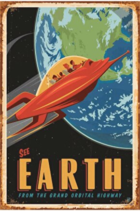 Eğlenceli Uzay Ve Gezegenler Dünya Retro Ahşap Poster