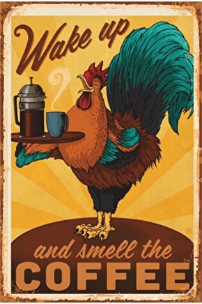 Günaydın Sabah Öten Horoz Kahve Mutfak Dekorasyon Retro Ahşap Poster