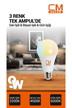 9W E27 DUY 3 RENKLİ AMPUL Sarı Işık-Gün Işığı-Beyaz Işık