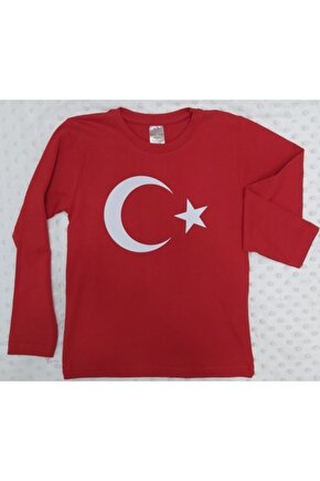Unisex Çocuk Kırmızı Ay Yıldız Türk Bayraklı Uzun Kollu T-shirt