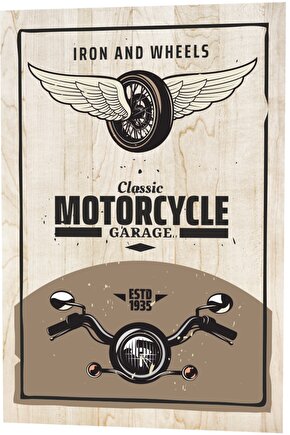 Klasik Motor Garajı Iron And Wheels Ahşap Desenli Retro Vintage Ahşap Poster