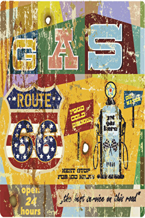 route 66 benzin istasyonu klasik araba motor garaj eskitilmiş nostaljik retro ahşap poster