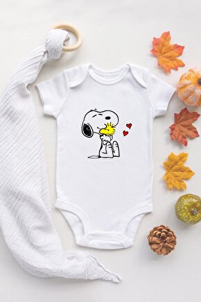 Unisex Bebek Snoopy Organik Baskılı Bebek Body %100 Pamuklu Ekru Çıtçıtlı Badi Zıbın