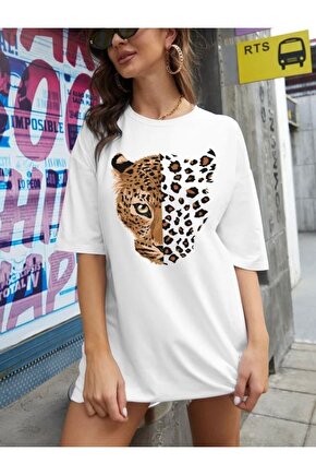 Kadın Oversize Beyaz Ön Leopar Baskılı Bisiklet Yaka Tshirt