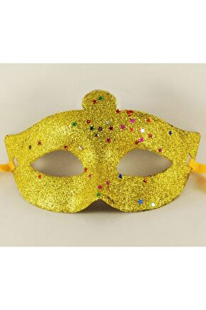 Altın Renk Simli Yıldızlı Kostüm Partisi Maskesi 17x10 (Lisinya)