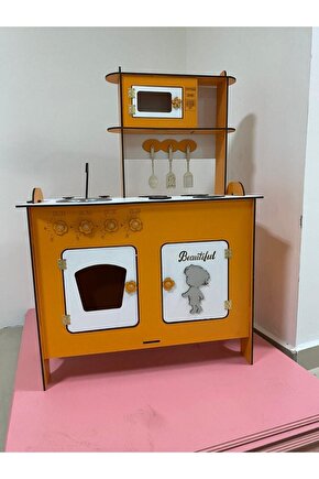 Büyük Boy Ahşap Montessori Boyalı Mutfak Turuncu 100x80
