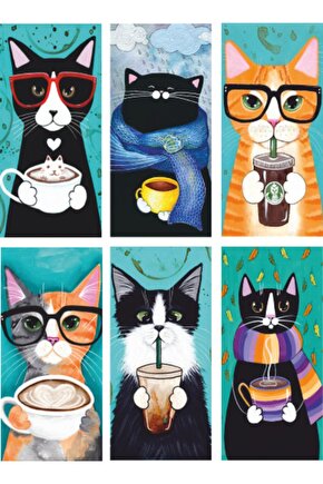 Kahve Içen Kediler 6lı Mini Retro Ahşap Poster Seti Uv Baskılı