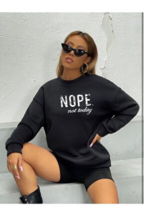 Oversize Siyah Nope Baskılı Sweatshirt