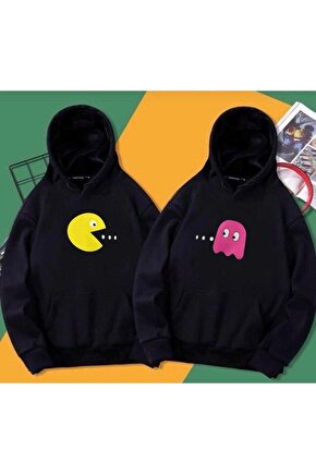 Oversize Unisex Pacman Tasarım 2’li Paket Sevgili Kombini Siyah Sweatshirt