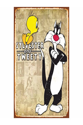 silvester and tweety bir kedi gördüm sanki çizgifilm çocuk odası mini retro ahşap poster