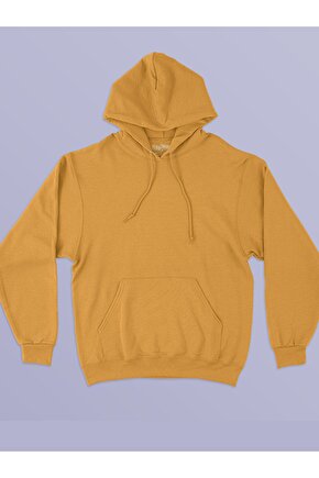 Düz Renk Baskısız 3 Iplik Kalın Sarı Hoodie Sweatshirt