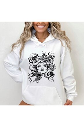 Kapşonlu Unisex Oversize Medusa Tasarım Beyaz Sweatshirt Hoodie