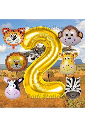 Altın Renk Rakam Balonlu Safari 2 Yaş Doğum Günü Parti Balon Set Safari Hayvanlar Tema Parti Set