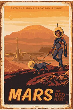 Eğlenceli Uzay Ve Gezegenler Mars Retro Ahşap Poster