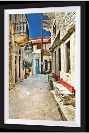Akdeniz Kasabasında Bir Sokak Çerçeve Görünümlü Ahşap Tablo
