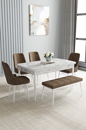 Jusie Beyaz Mermer Desen 80x132 Açılabilir Mutfak Masası Takımı 4 Sandalye, 1 Bench