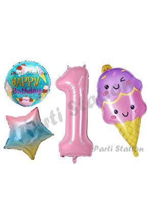 Pastane Dondurma Konsept 1 Yaş Doğum Günü Balon Set İce Cream Şeker Tema Doğum Günü Balon