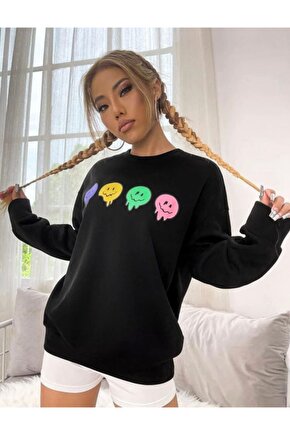 Unisex Oversize Siyah Emoji Sweatshirt