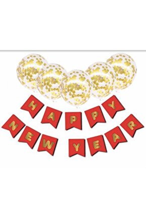 Yılbaşı Şeffaf Konfetili Happy New Year Gold Varaklı Banner Yazı
