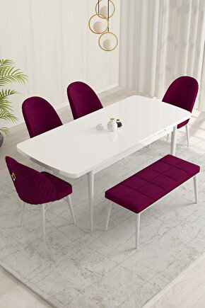 Marsilya Beyaz 80x132 Mdf Açılabilir Yemek Masası Takımı 4 Sandalye, 1 Bench