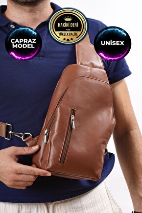 Unisex Taba Hakiki Deri Çapraz Badybag Omuz ve Göğüs Çantası (USB Çıkışlı)